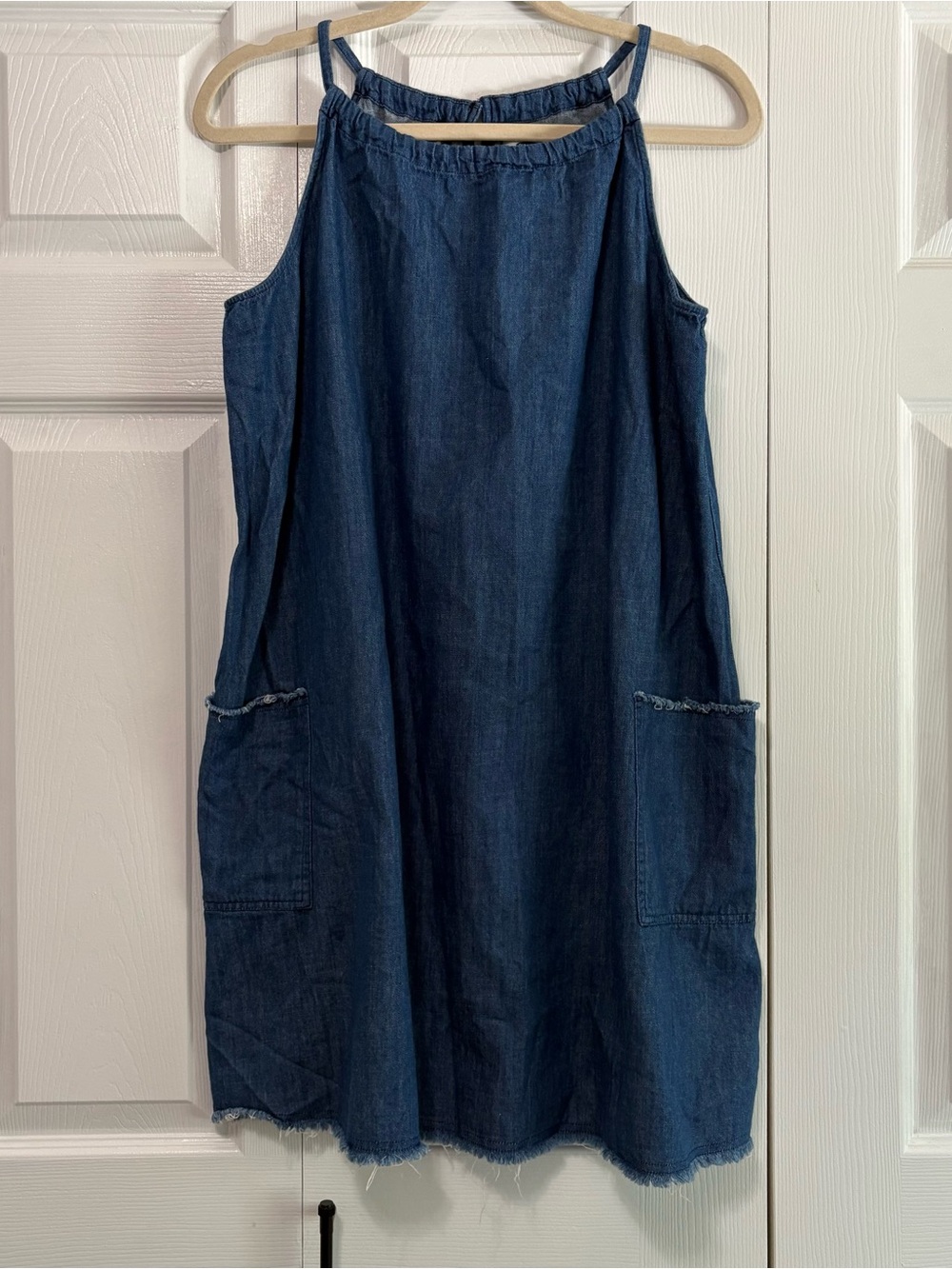 Old Navy Blue Denim Pocket Sundress Fringe Large Lagenlook Beach Coastal Casual